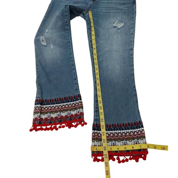 Anthropologie Pilcro Jeans Womens 29 Blue Mid-Rise Cropped Embroidered Pom Pom - Picture 12 of 12